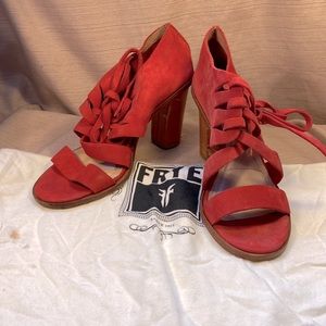 FRYE amazing red leather heels hardly worn rare!